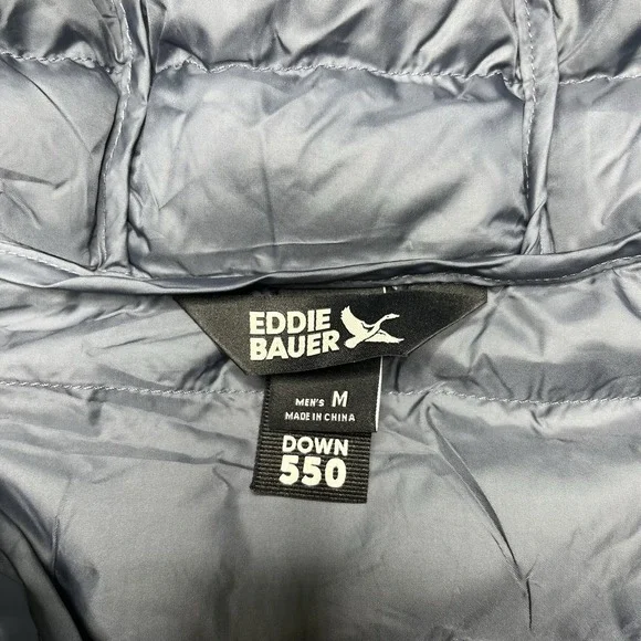 Eddie Bauer 550 Down Puffer Jacket Mens Medium Gray Hooded Lightweight Packable - Picture 3 of 14